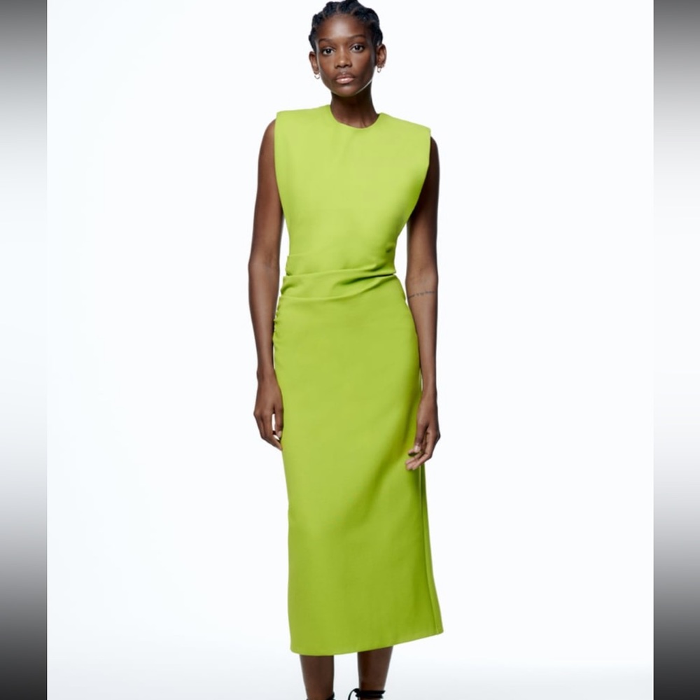 ZARA lime green shoulder pad draped midi dress